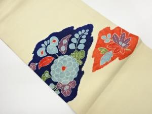 縮緬地絞り花葉模様開き名古屋帯（額縁仕立て）